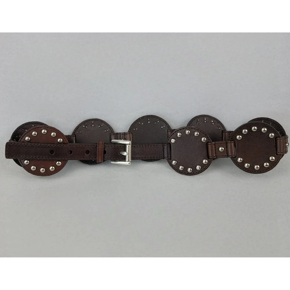 Michael Kors Womens Brown Leather Studded Disc Medallion Belt Large